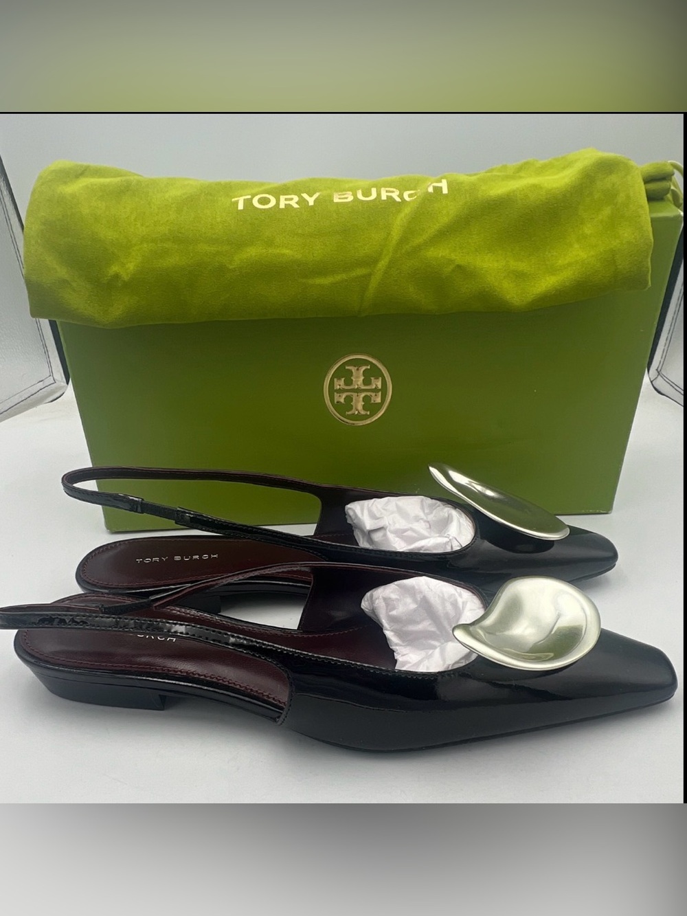 TORY BURCH Patos Leather Slingback Flats Pointed Toe Logo Women’s 7M NEW w/Box - Picture 3 of 16